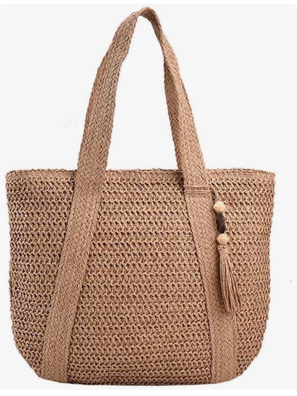 Woven Straw Beach Tote Bag Natural Tan- Vacation Shoulder Handbag with Tassel